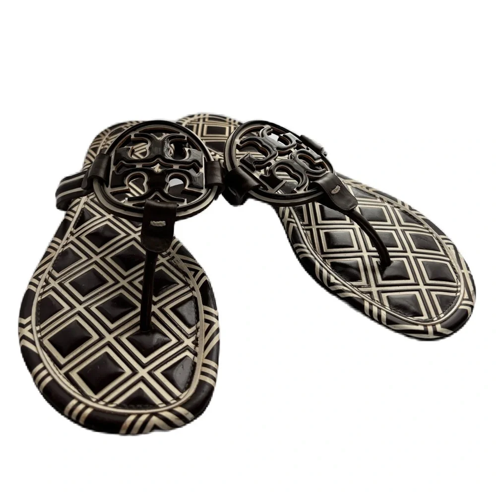 Tory Burch Brown & Ivory Geometric Miller Sandals Size 8